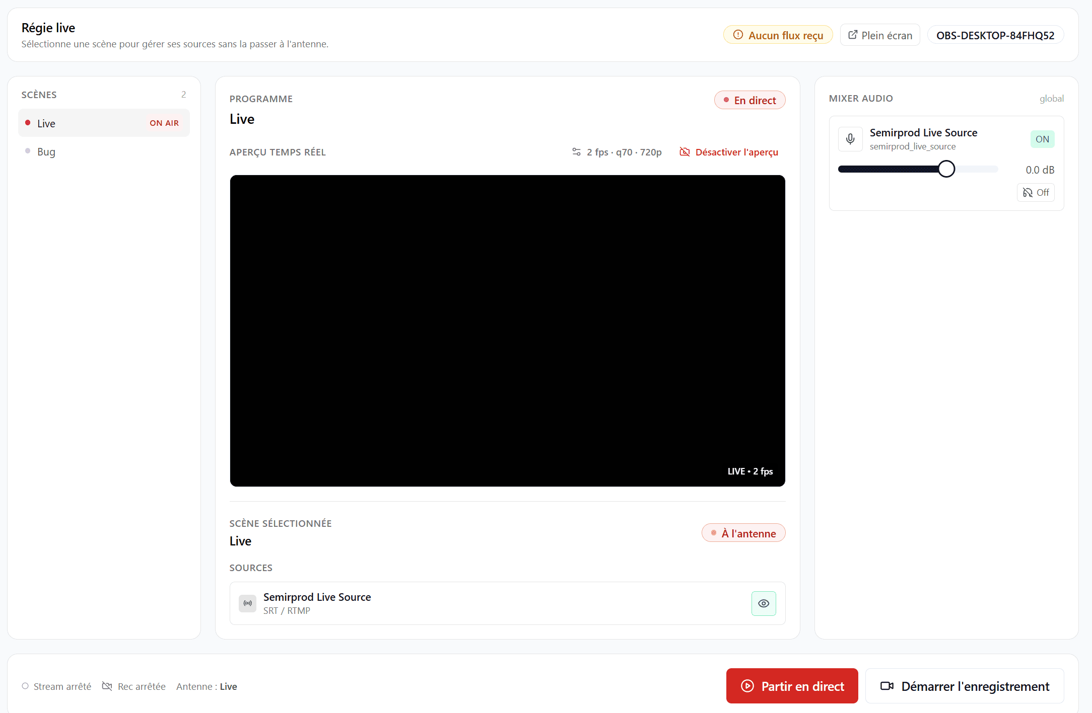 Dashboard live Semirprod avec aperçu, scènes et contrôles