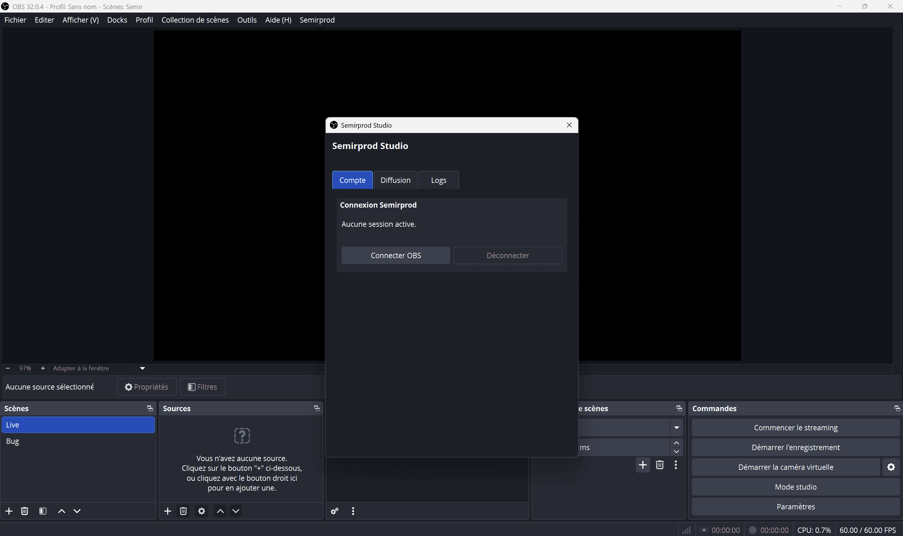 Fenêtre Semirprod Studio dans OBS, état non connecté
