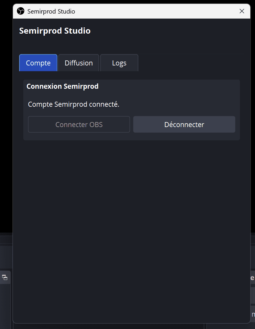 Fenêtre Semirprod Studio dans OBS, état connecté