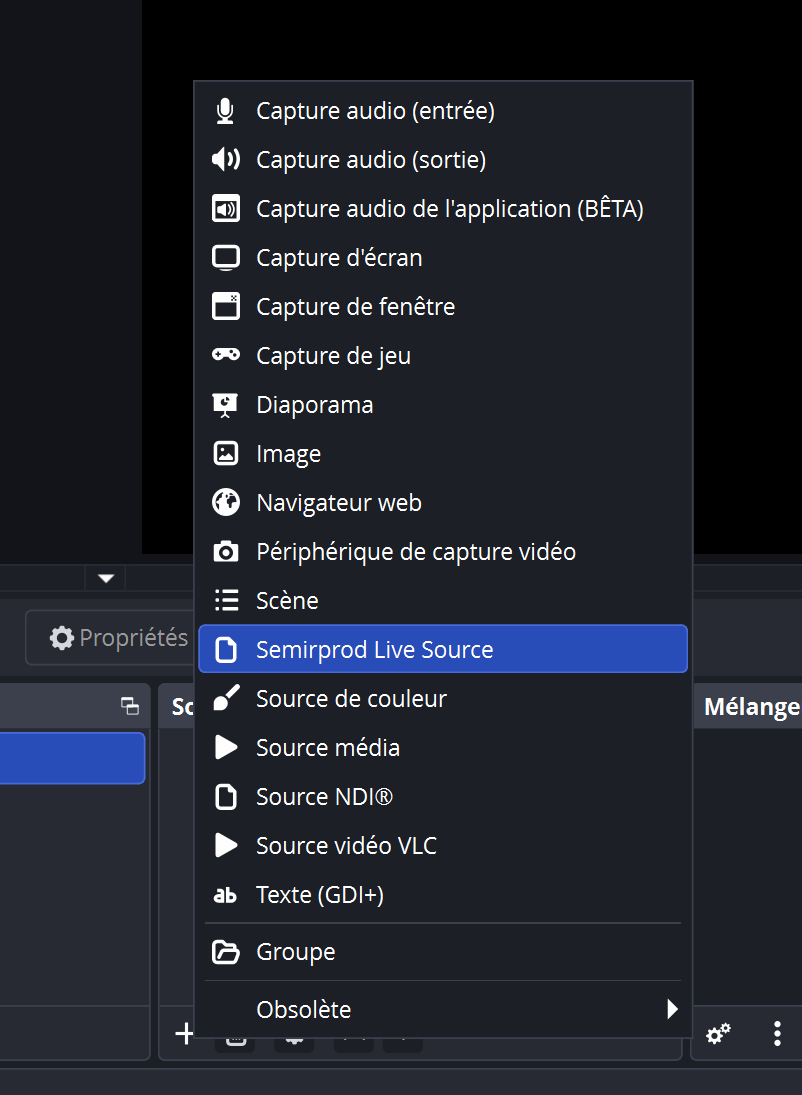 Menu d'ajout de source OBS avec Semirprod Live Source selectionne