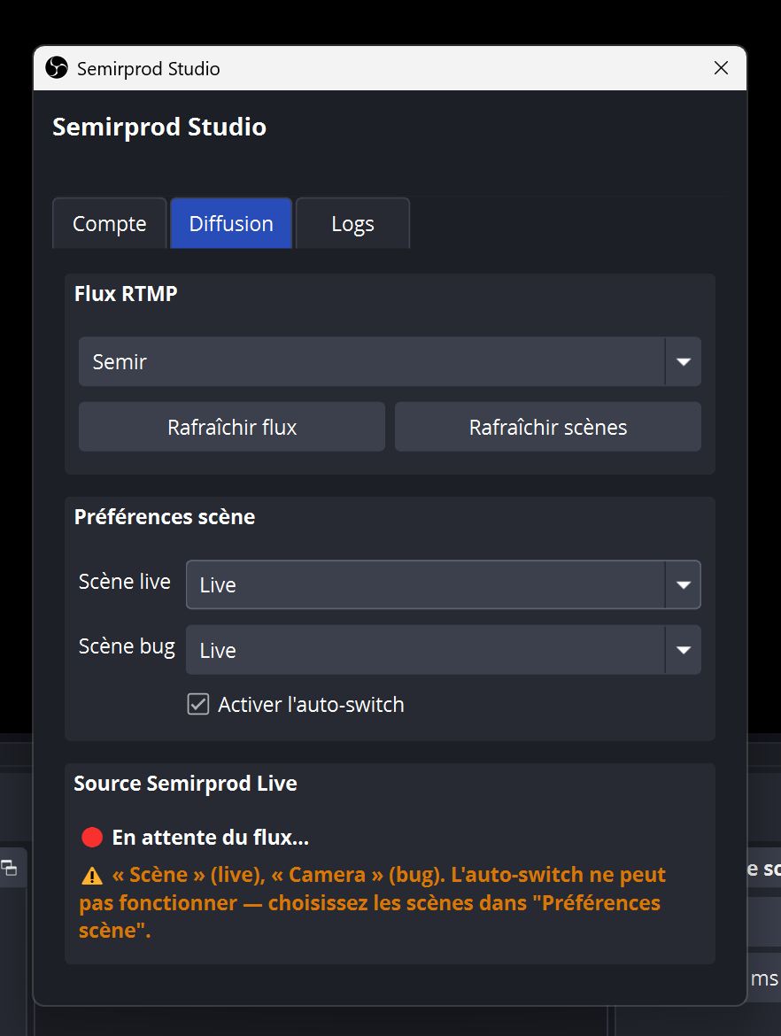 Onglet Diffusion du dock Semirprod Studio